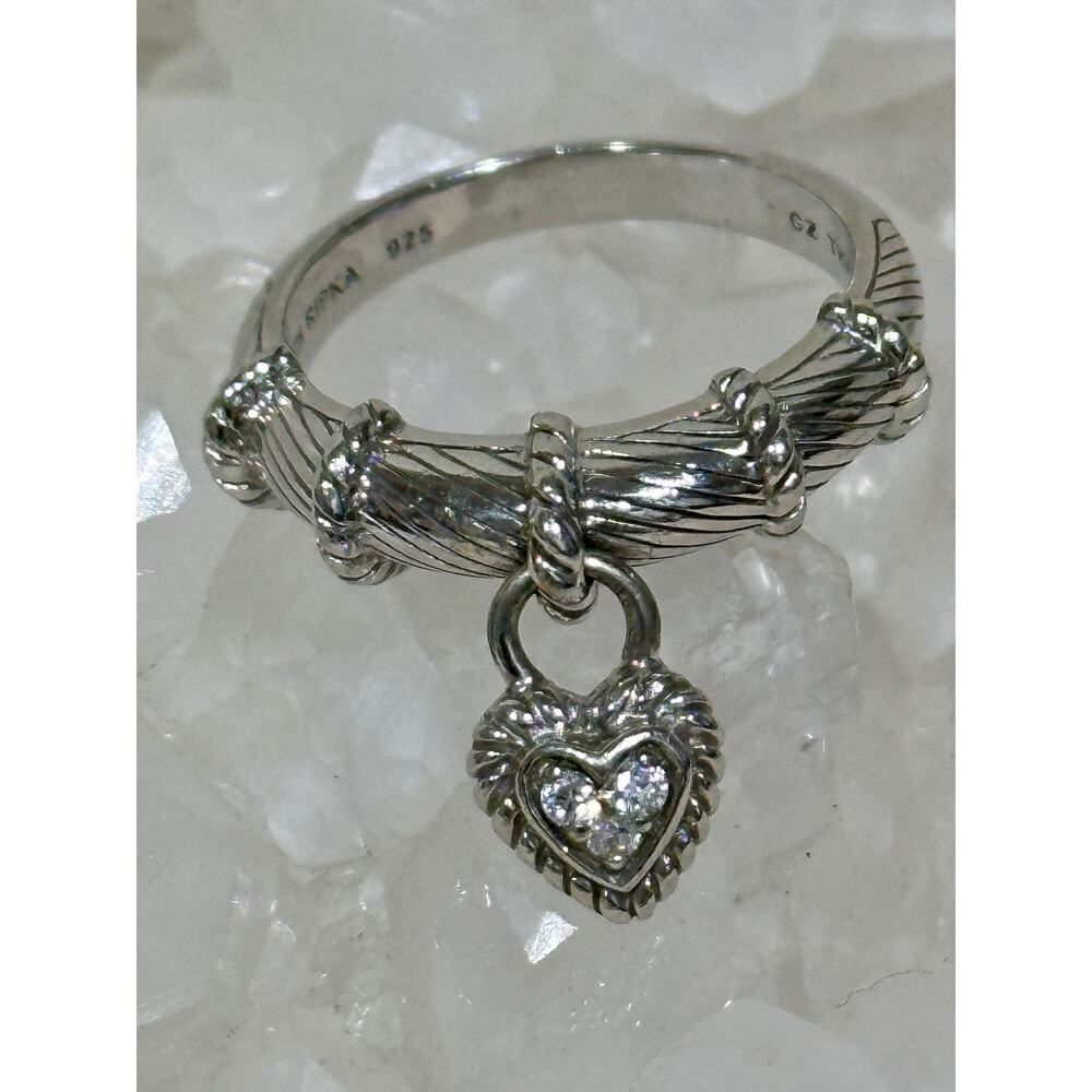 Judith Ripka Sterling Silver Heart Dangle Ring Designer Jewelry Size 10